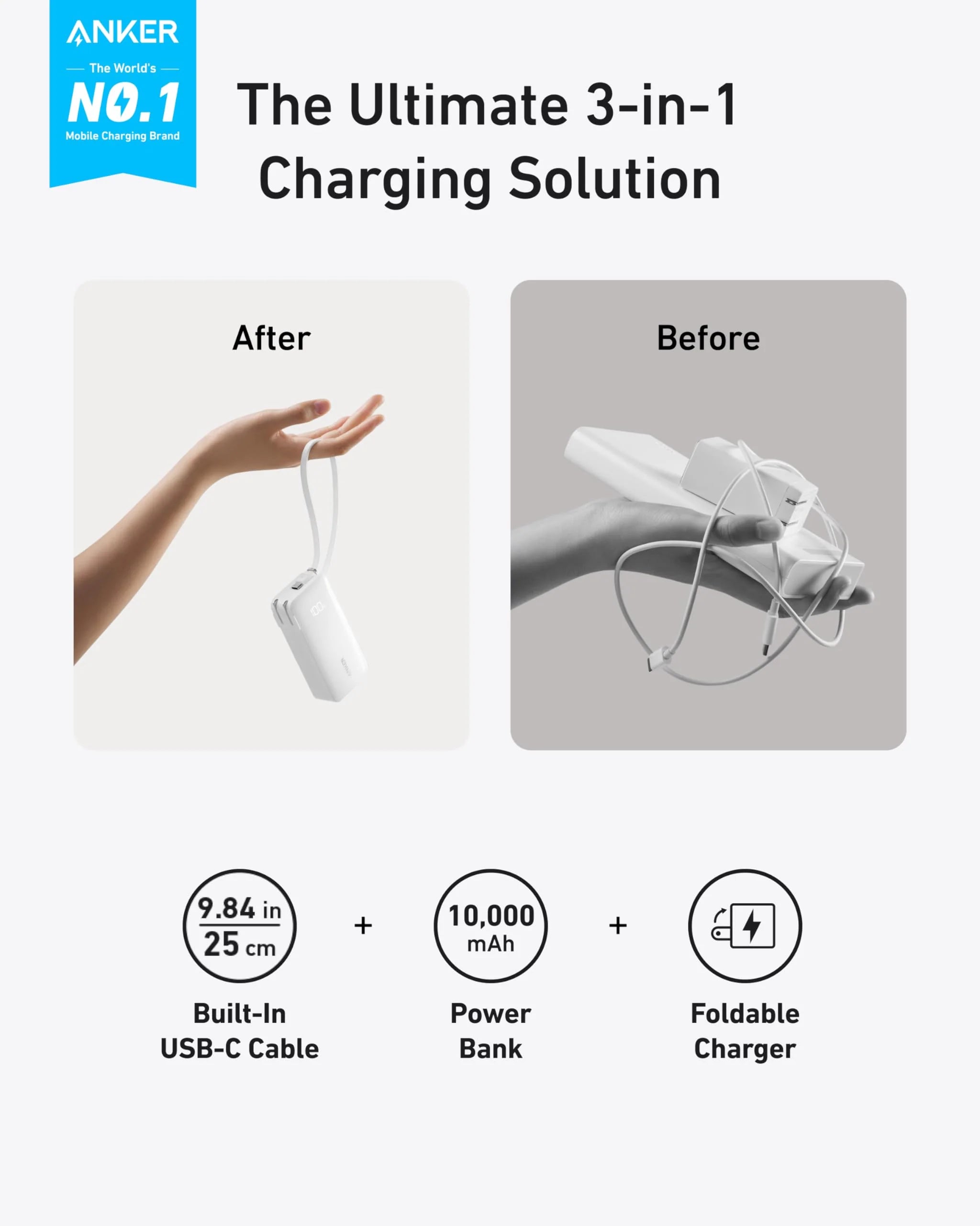 Power Bank (10K, Fusion, Built-In USB-C Cable)and Anker Nano Charger (20W)