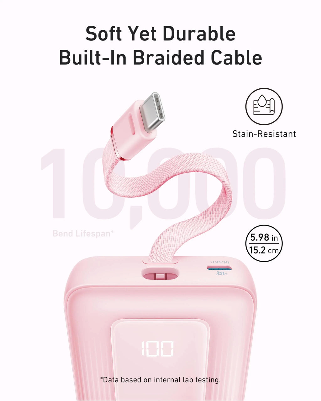 Zolo Power Bank (10K, 30W) with a 5.4-inch (13.7 cm) built-in USB-C cable.