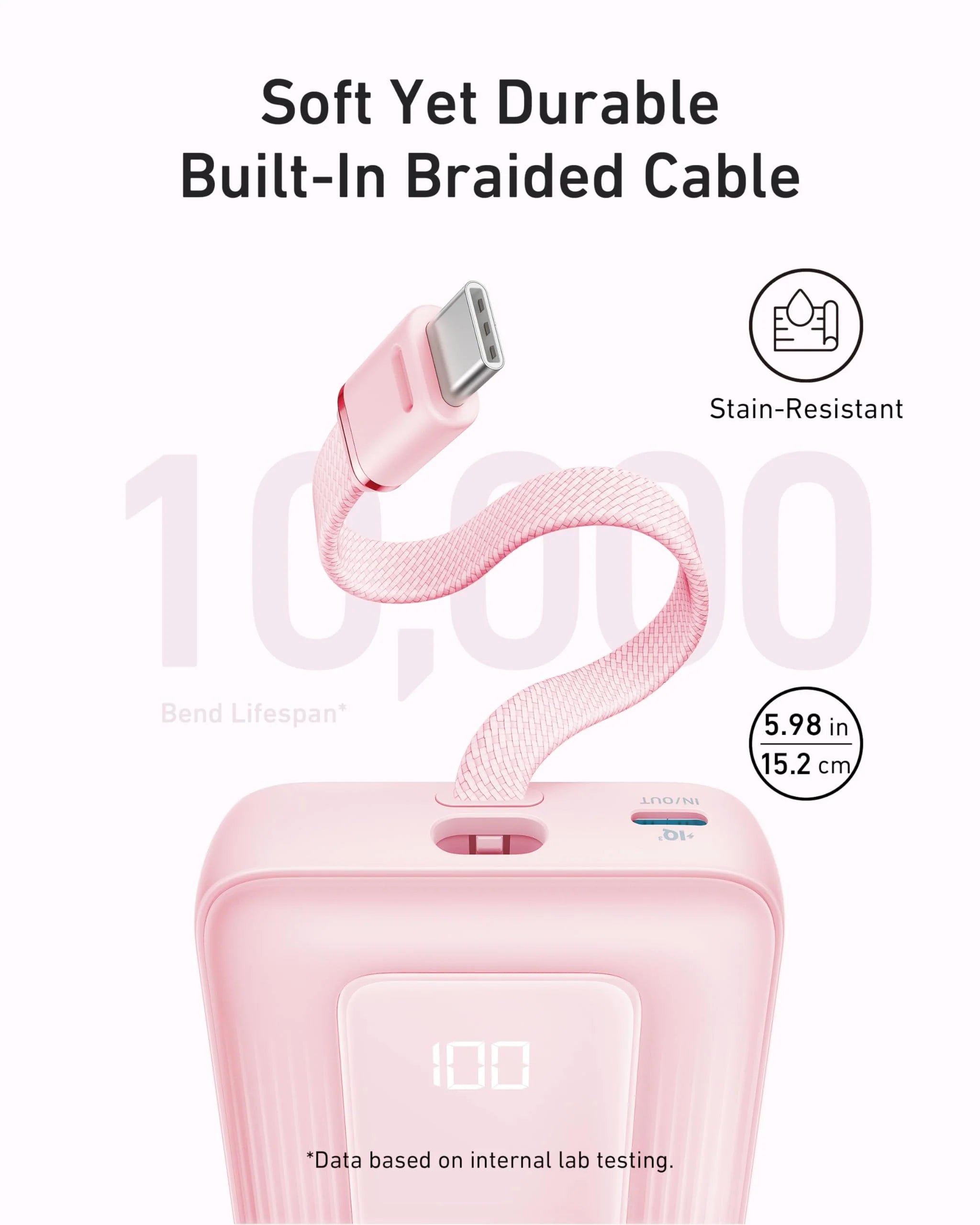 Zolo Power Bank (10K, 30W) with a 5.4-inch (13.7 cm) built-in USB-C cable.